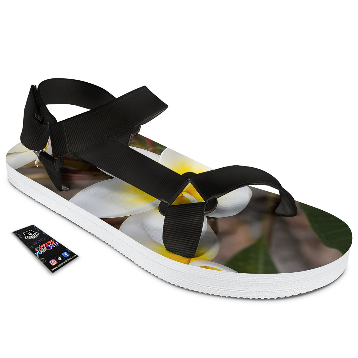 Flower Frangipani Print Black Open Toe Sandals-grizzshop