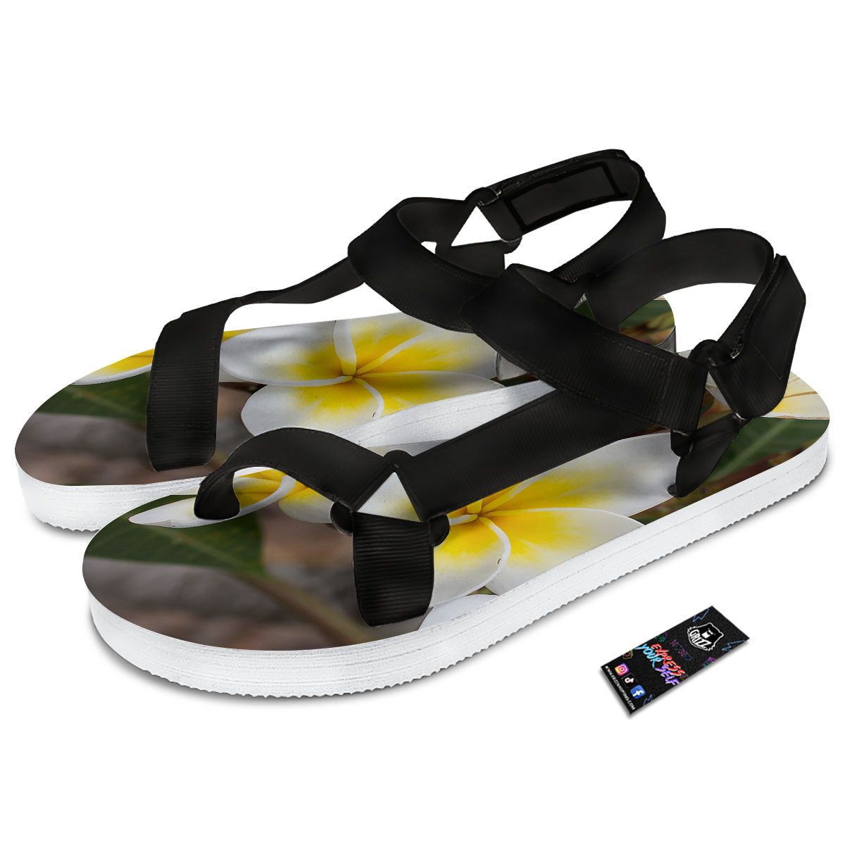 Flower Frangipani Print Black Open Toe Sandals-grizzshop
