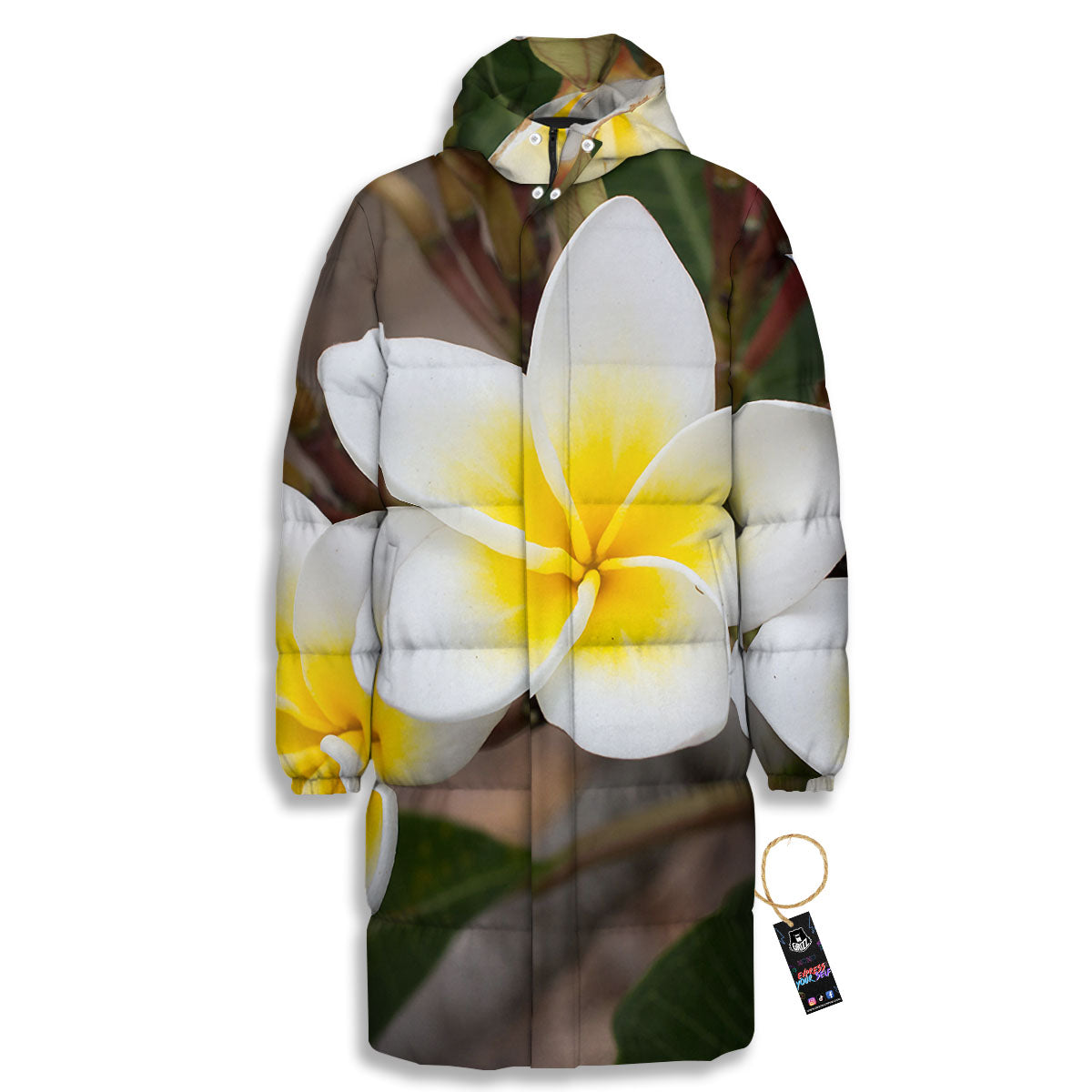 Flower Frangipani Print Long Down Jacket-grizzshop
