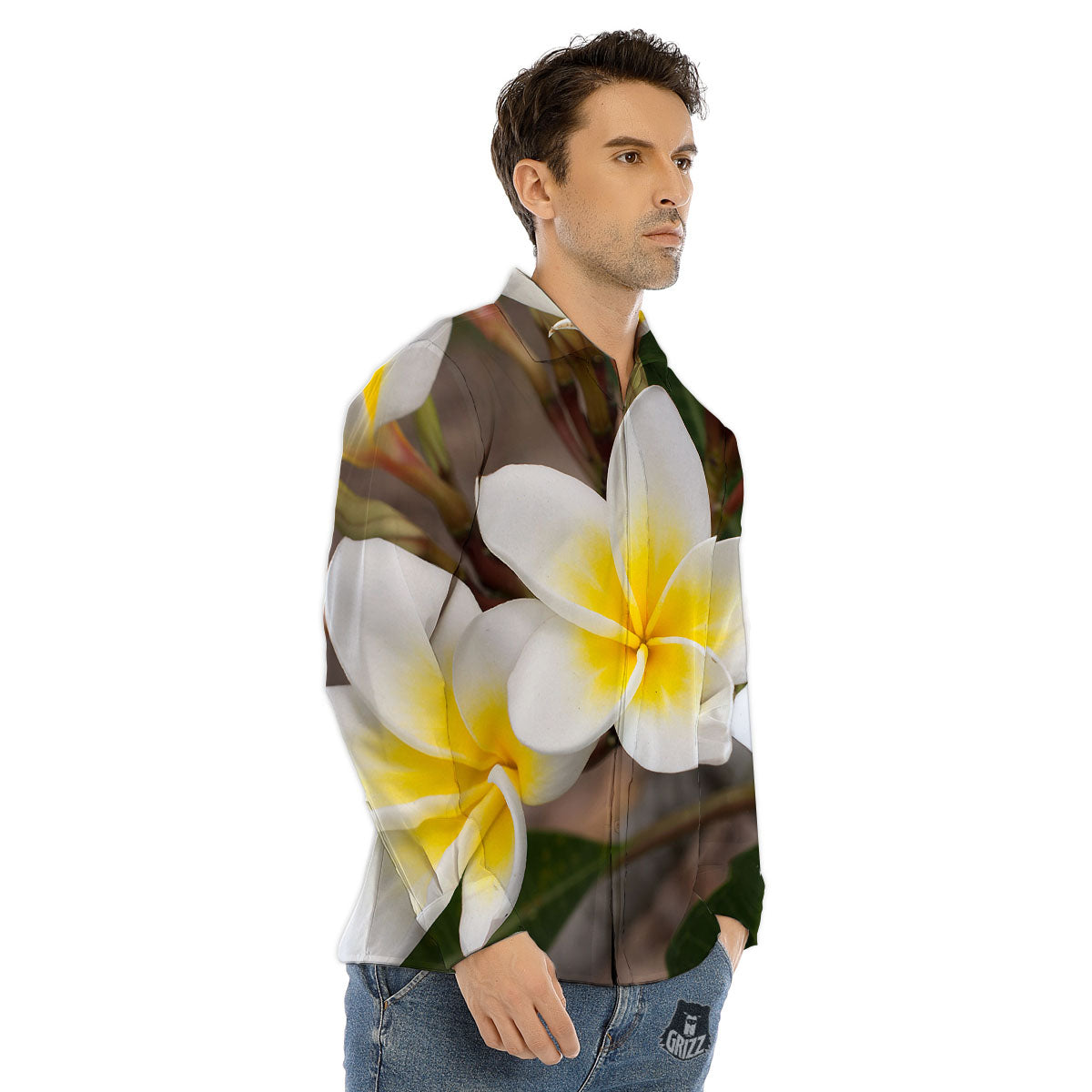 Flower Frangipani Print Men's Dress Shirts-grizzshop
