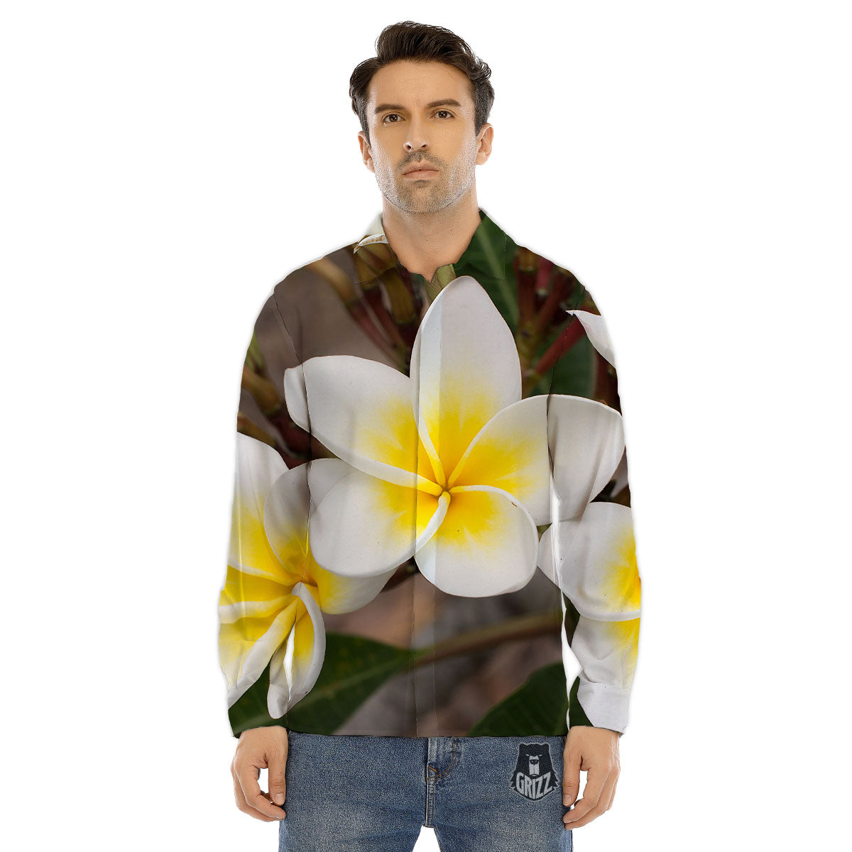 Flower Frangipani Print Men's Dress Shirts-grizzshop