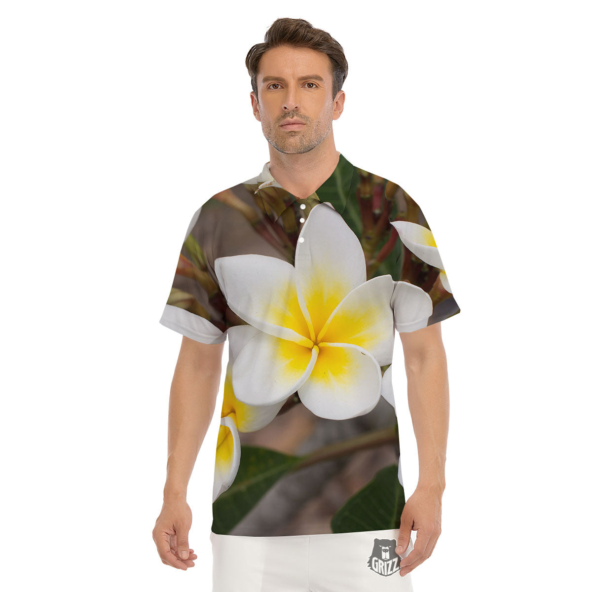 Flower Frangipani Print Men's Golf Shirts-grizzshop