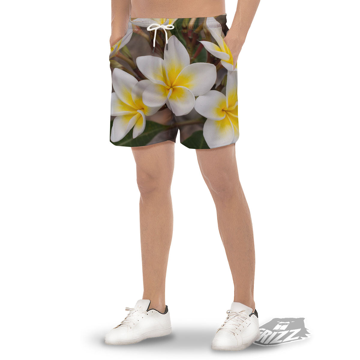 Flower Frangipani Print Men's Gym Shorts-grizzshop