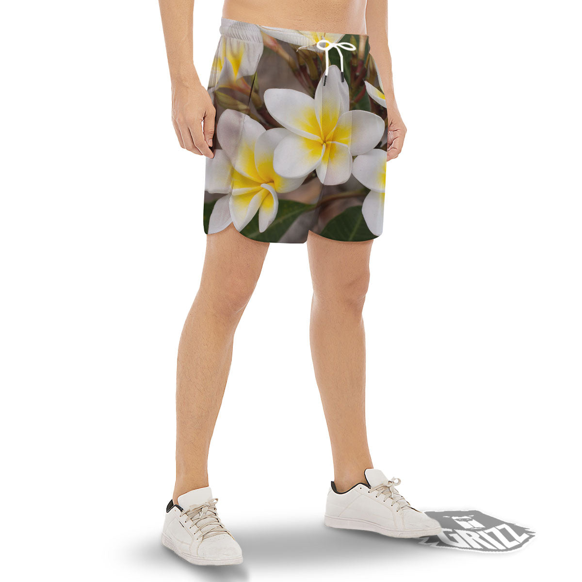Flower Frangipani Print Men's Gym Shorts-grizzshop