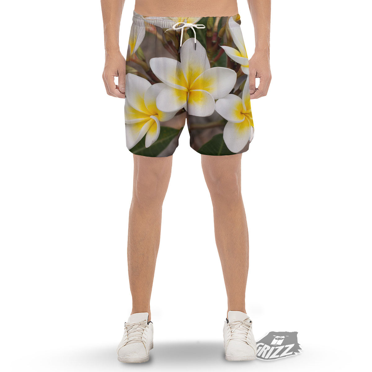 Flower Frangipani Print Men's Gym Shorts-grizzshop