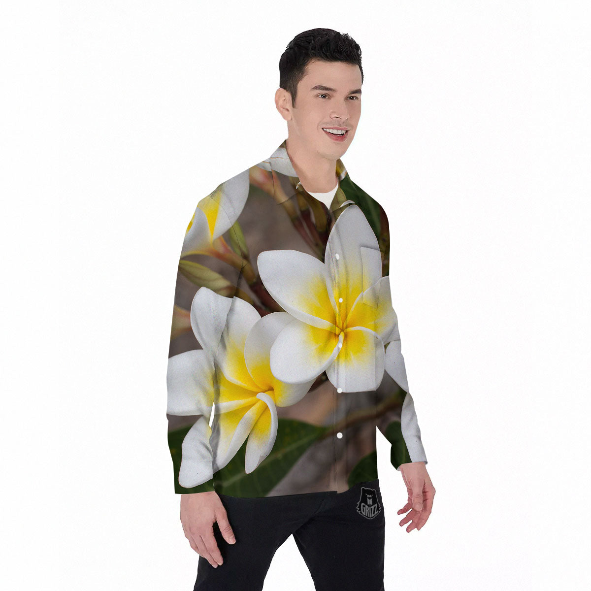 Flower Frangipani Print Men's Long Sleeve Shirts-grizzshop