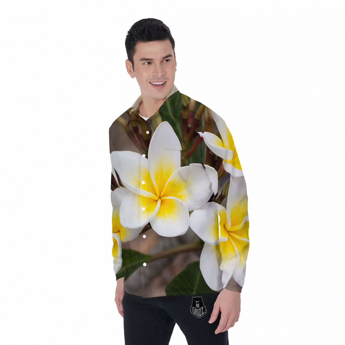 Flower Frangipani Print Men's Long Sleeve Shirts-grizzshop