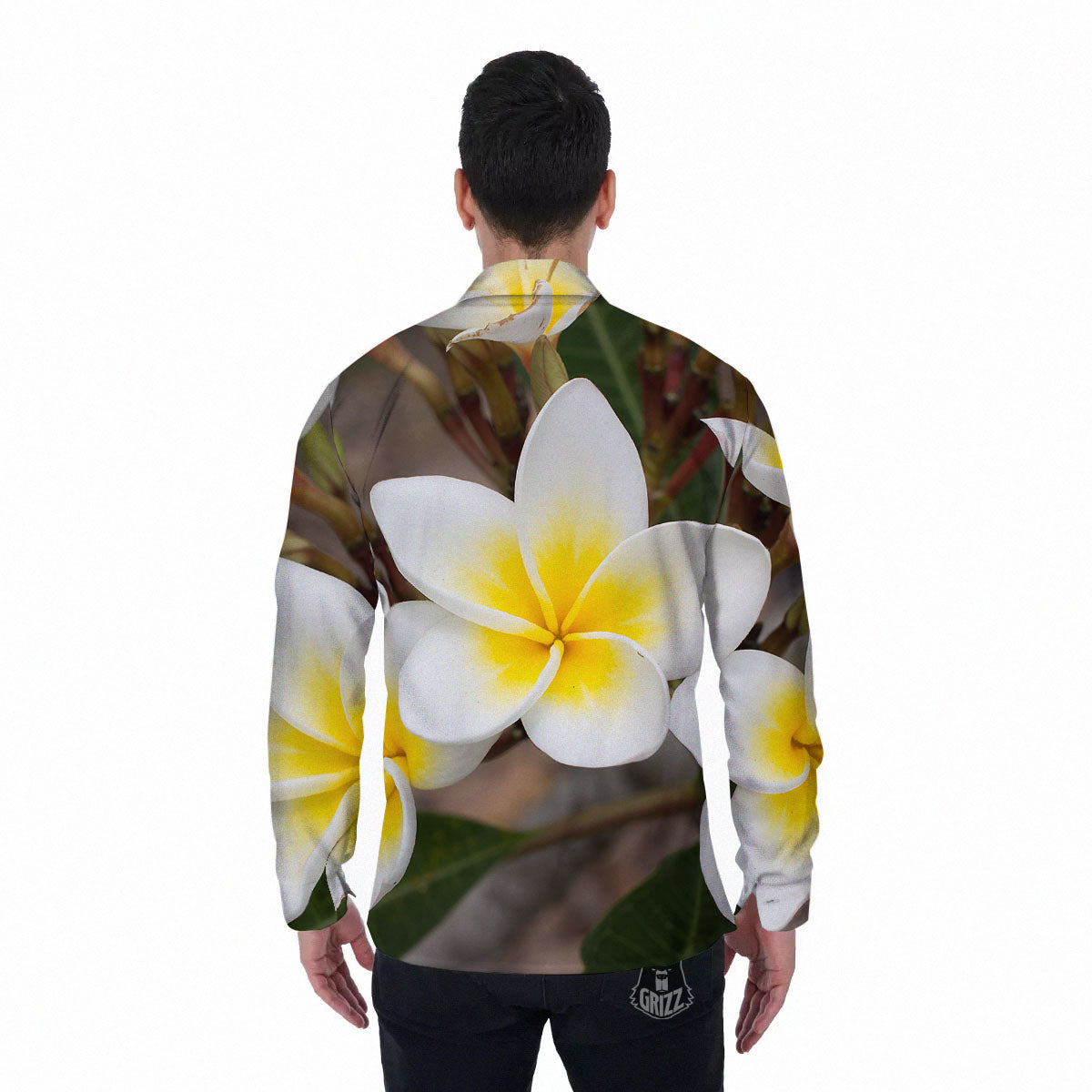 Flower Frangipani Print Men's Long Sleeve Shirts-grizzshop