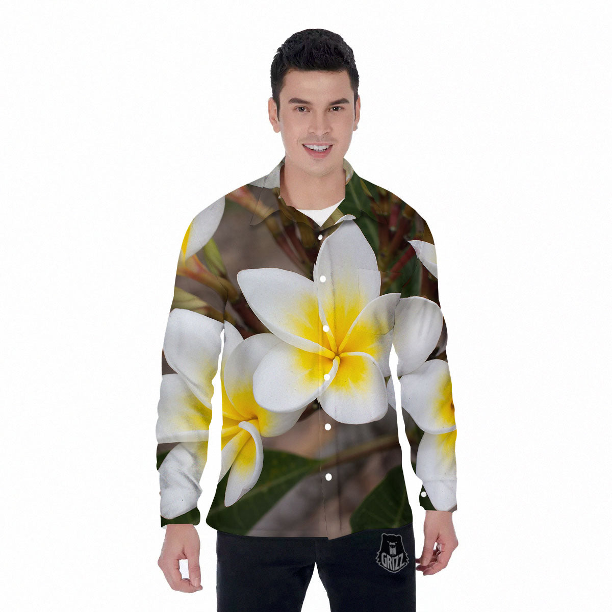 Flower Frangipani Print Men's Long Sleeve Shirts-grizzshop
