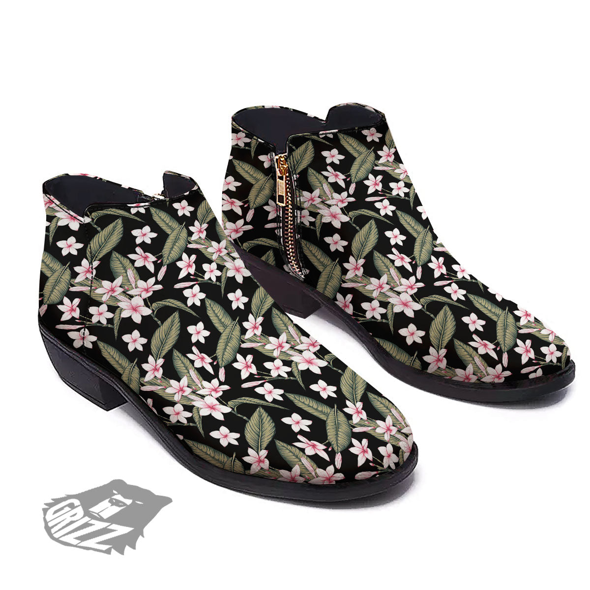 Flower Frangipani Print Pattern Ankle Boots-grizzshop