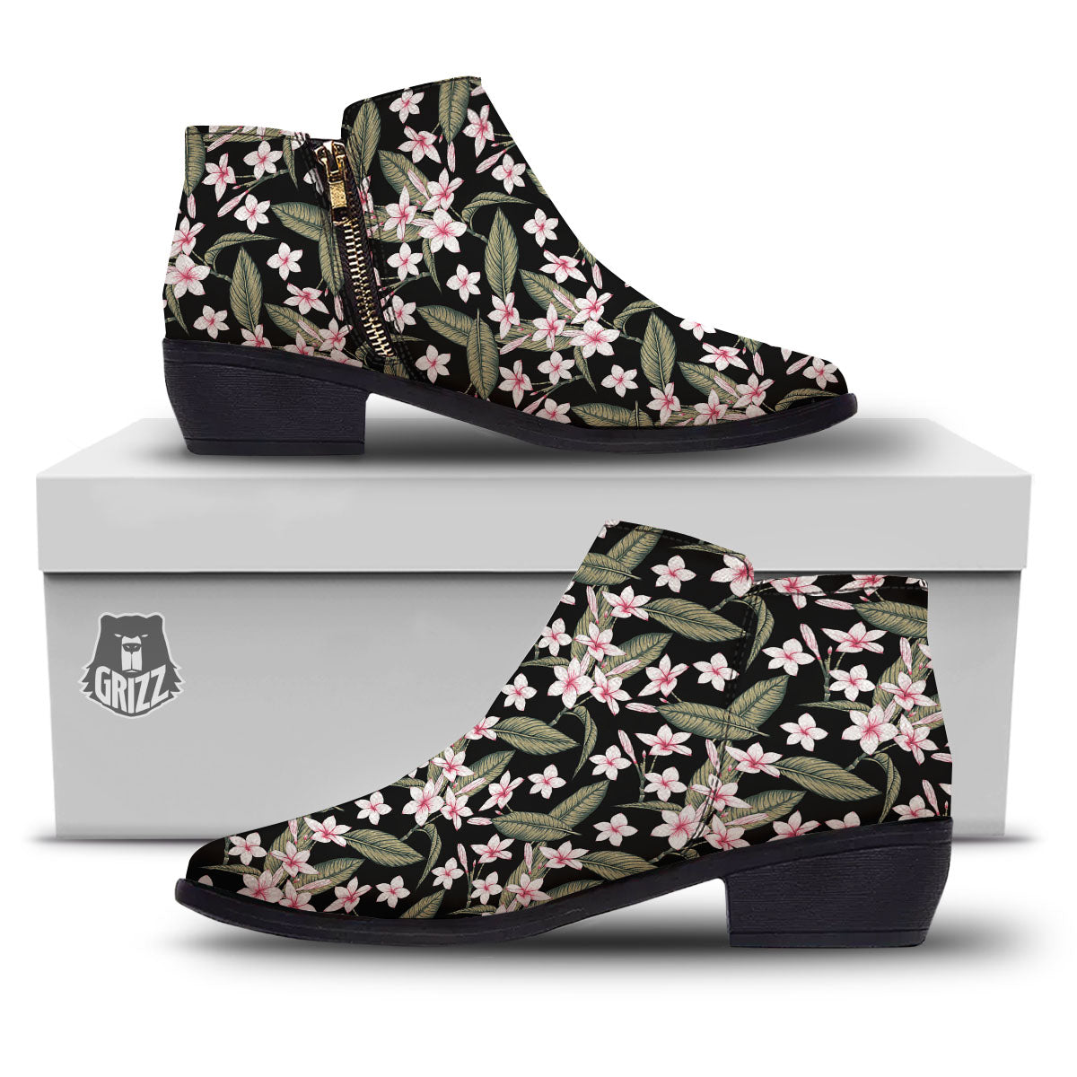 Flower Frangipani Print Pattern Ankle Boots-grizzshop