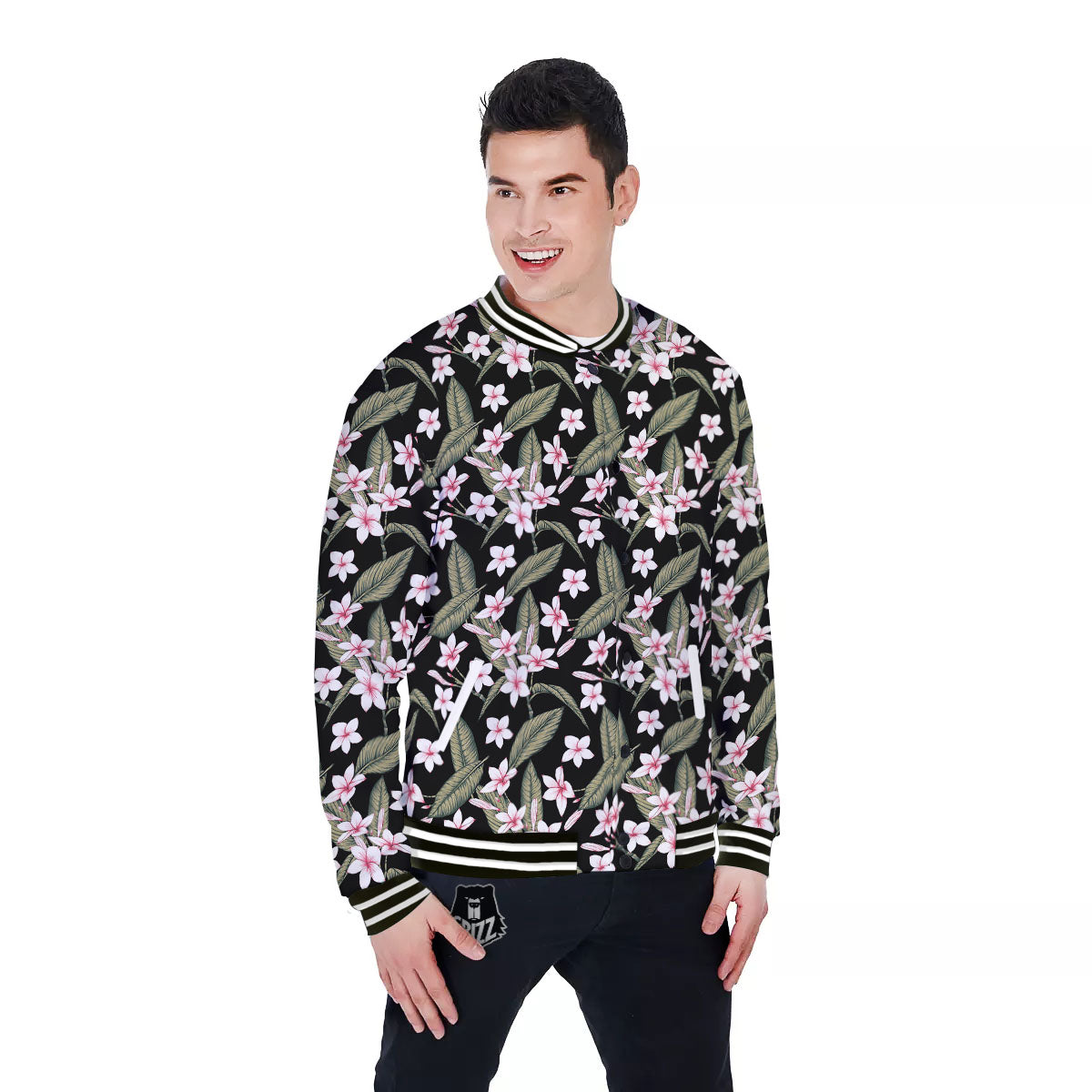 Flower Frangipani Print Pattern Baseball Jacket-grizzshop