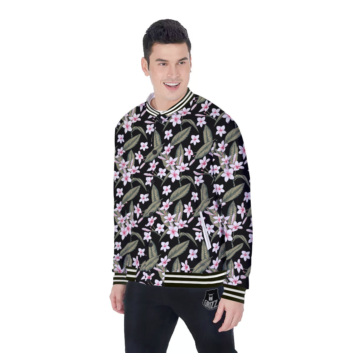 Flower Frangipani Print Pattern Baseball Jacket-grizzshop