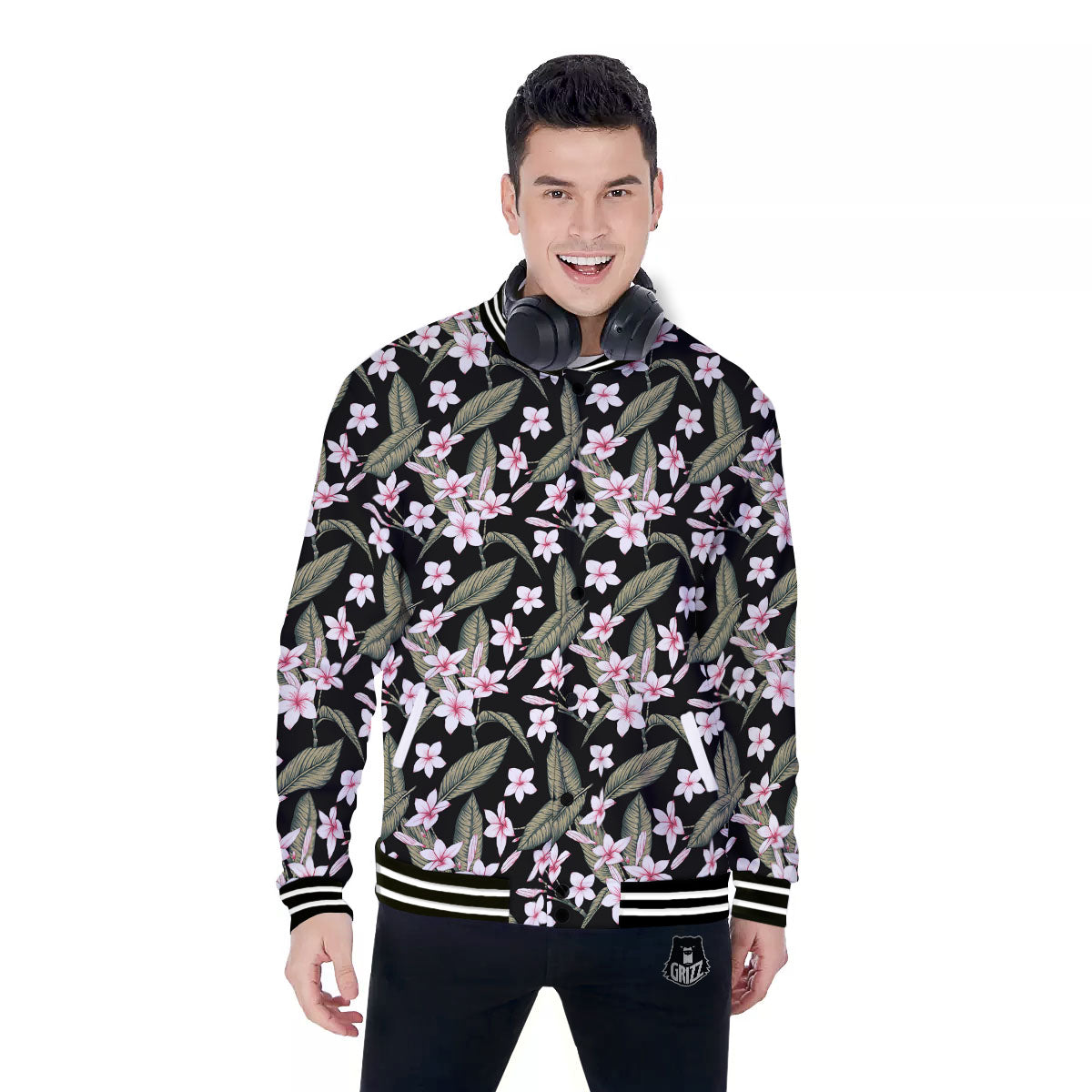 Flower Frangipani Print Pattern Baseball Jacket-grizzshop
