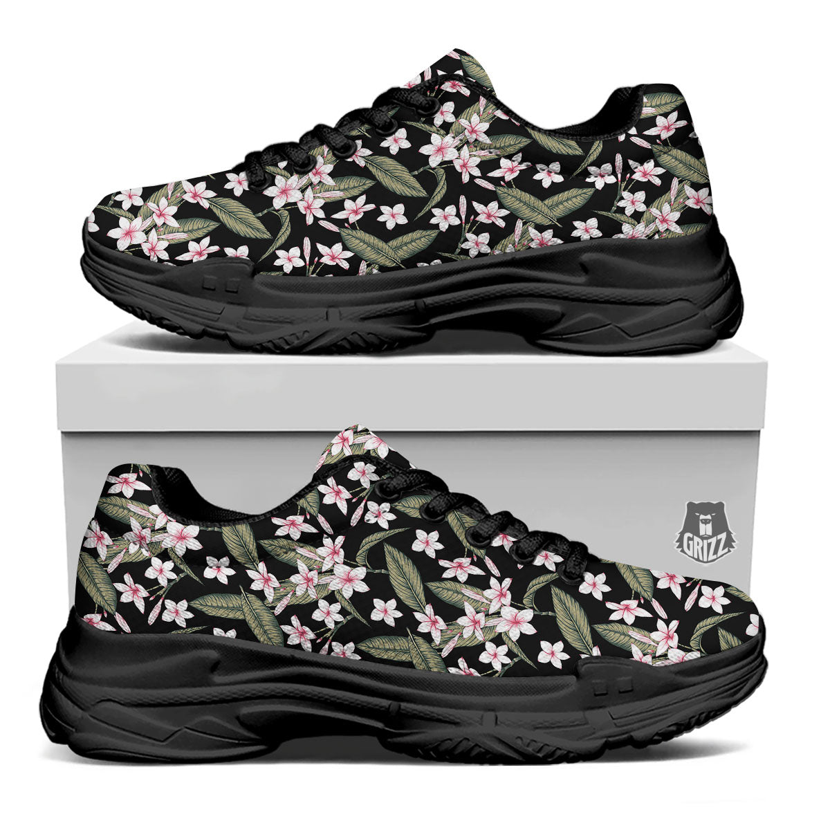 Flower Frangipani Print Pattern Black Chunky Shoes-grizzshop