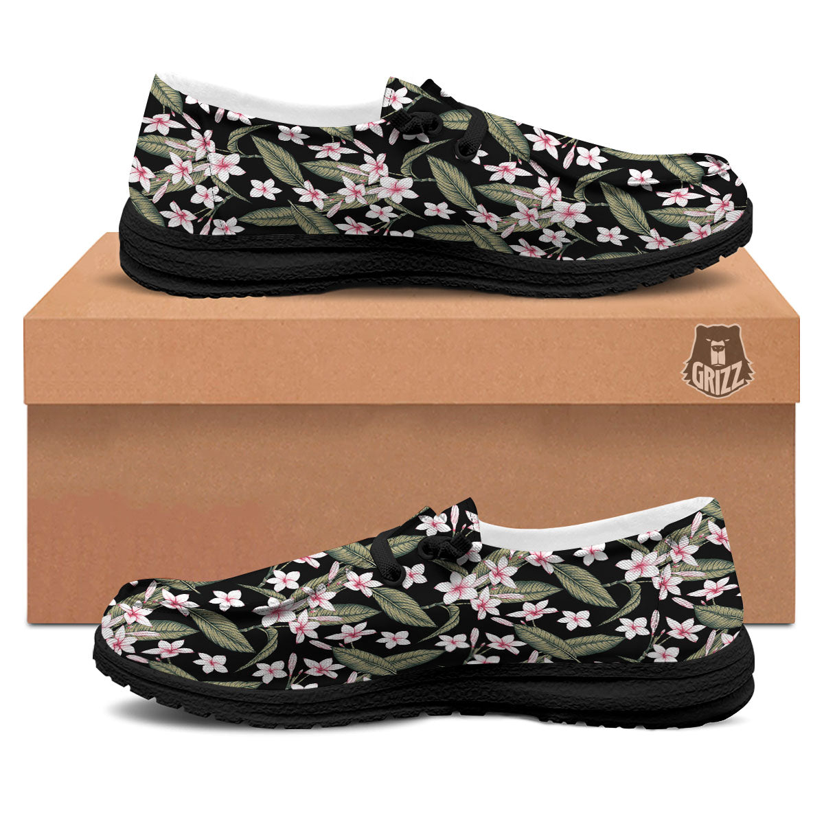 Flower Frangipani Print Pattern Black Loafers-grizzshop