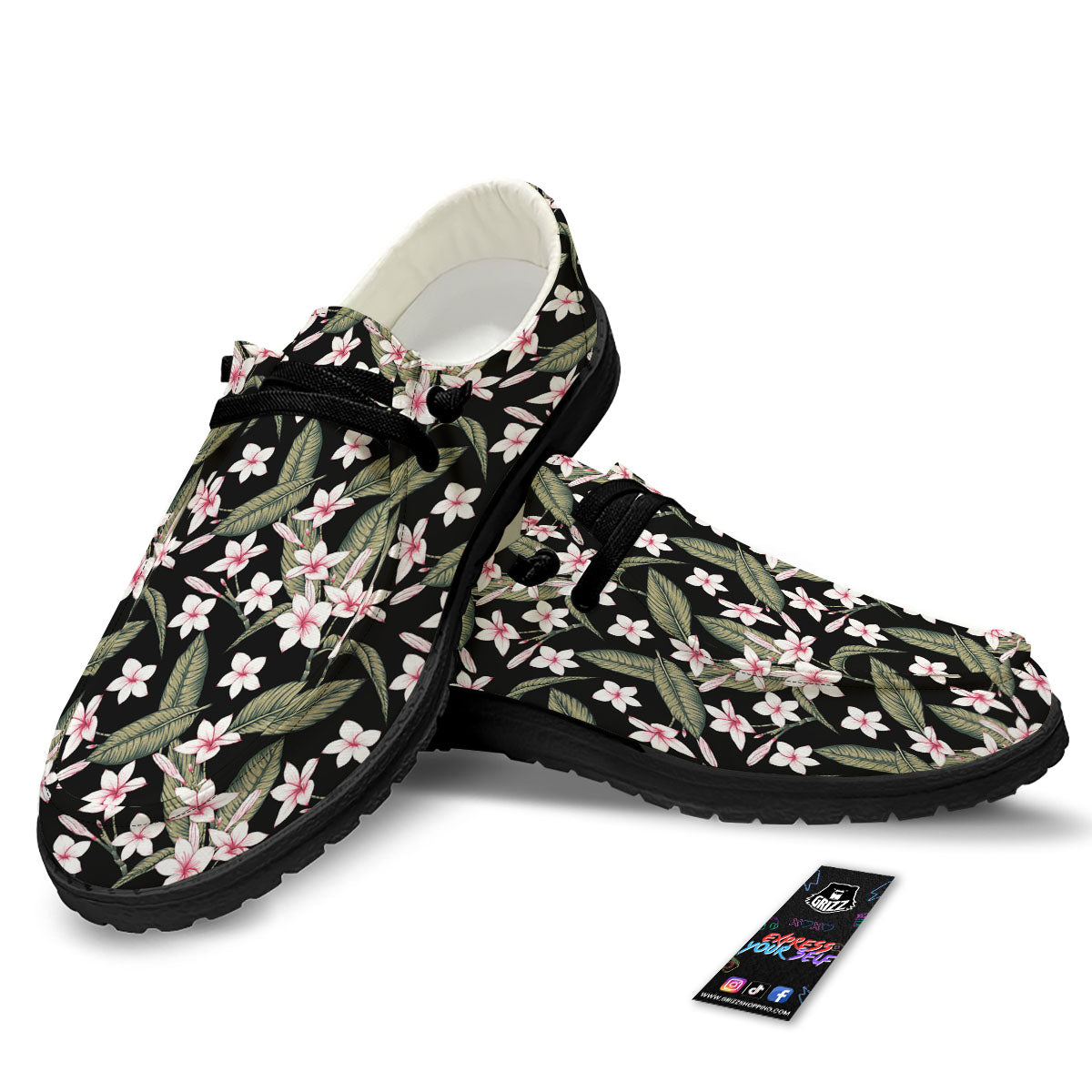 Flower Frangipani Print Pattern Black Loafers-grizzshop