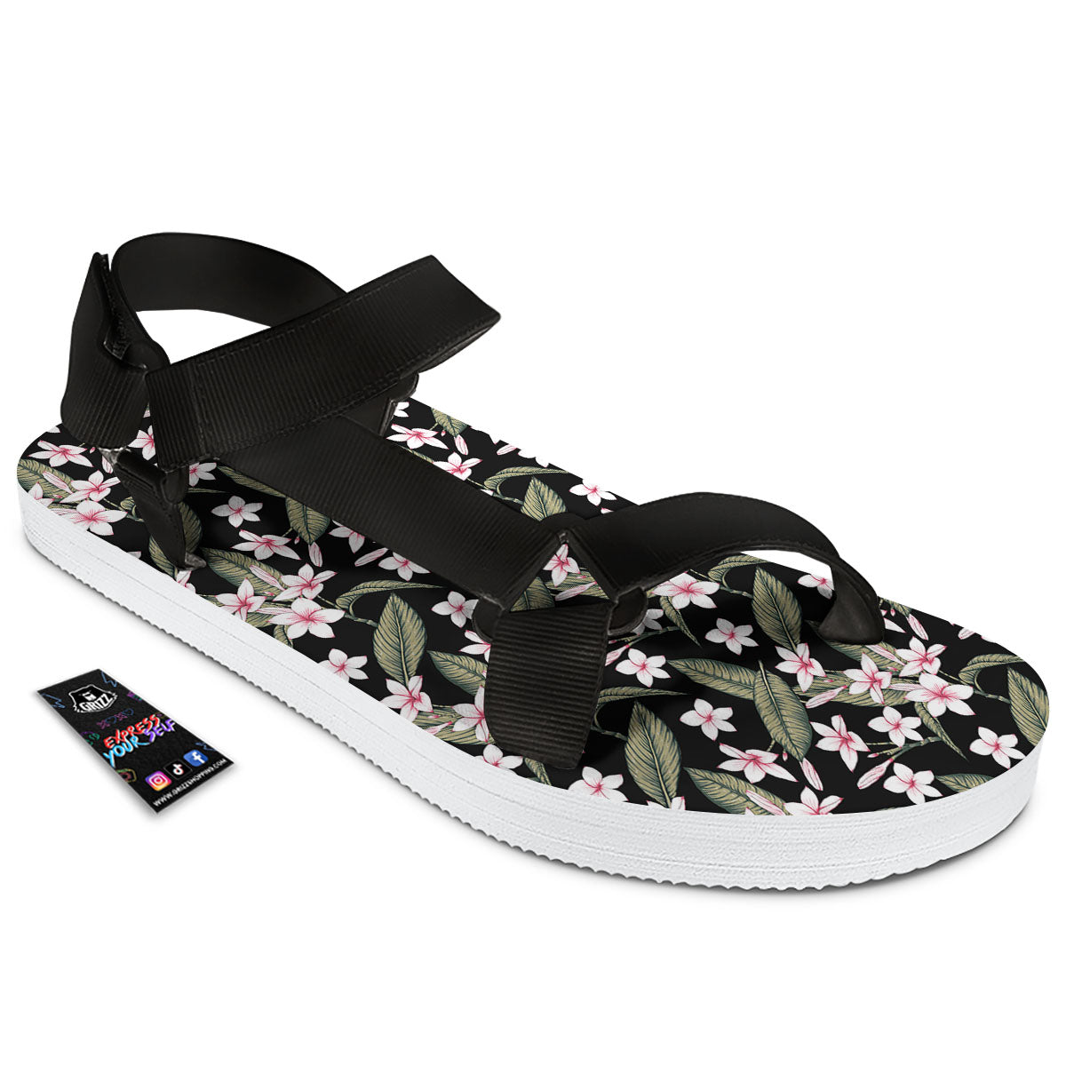 Flower Frangipani Print Pattern Black Open Toe Sandals-grizzshop