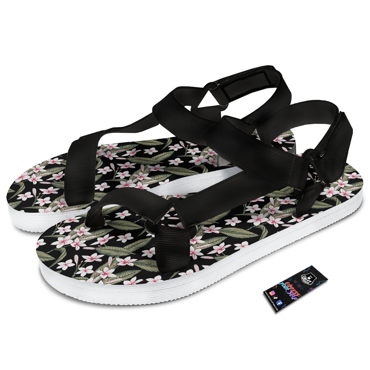 Flower Frangipani Print Pattern Black Open Toe Sandals-grizzshop