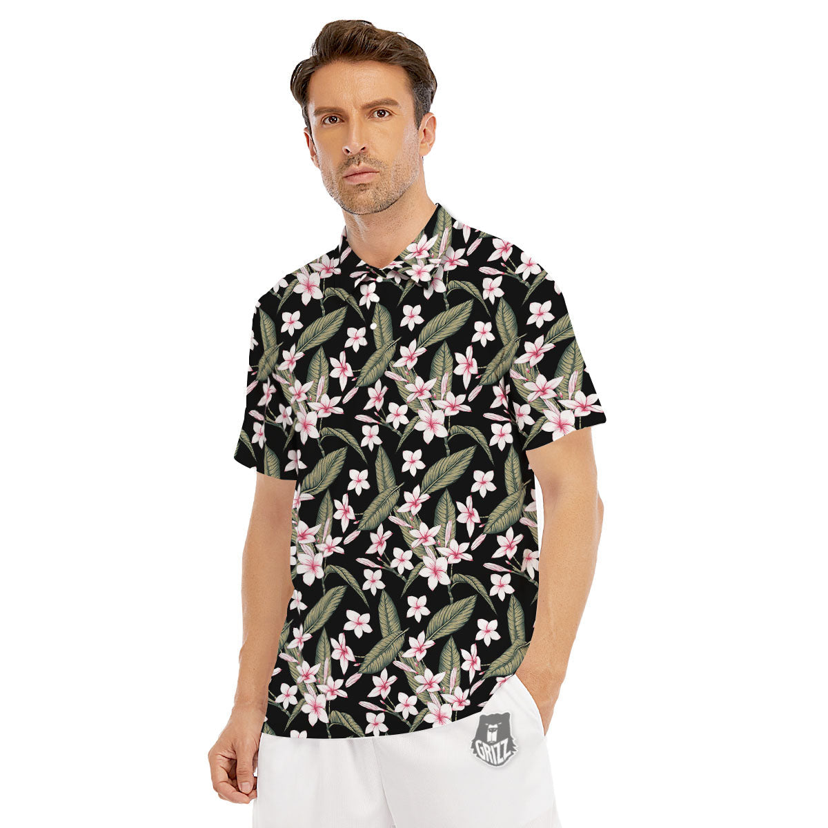 Flower Frangipani Print Pattern Men's Golf Shirts-grizzshop