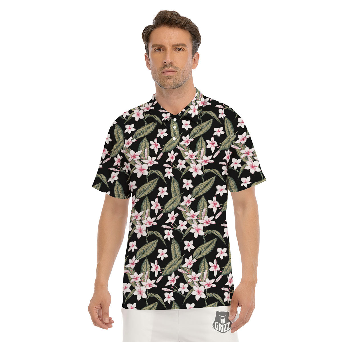 Flower Frangipani Print Pattern Men's Golf Shirts-grizzshop