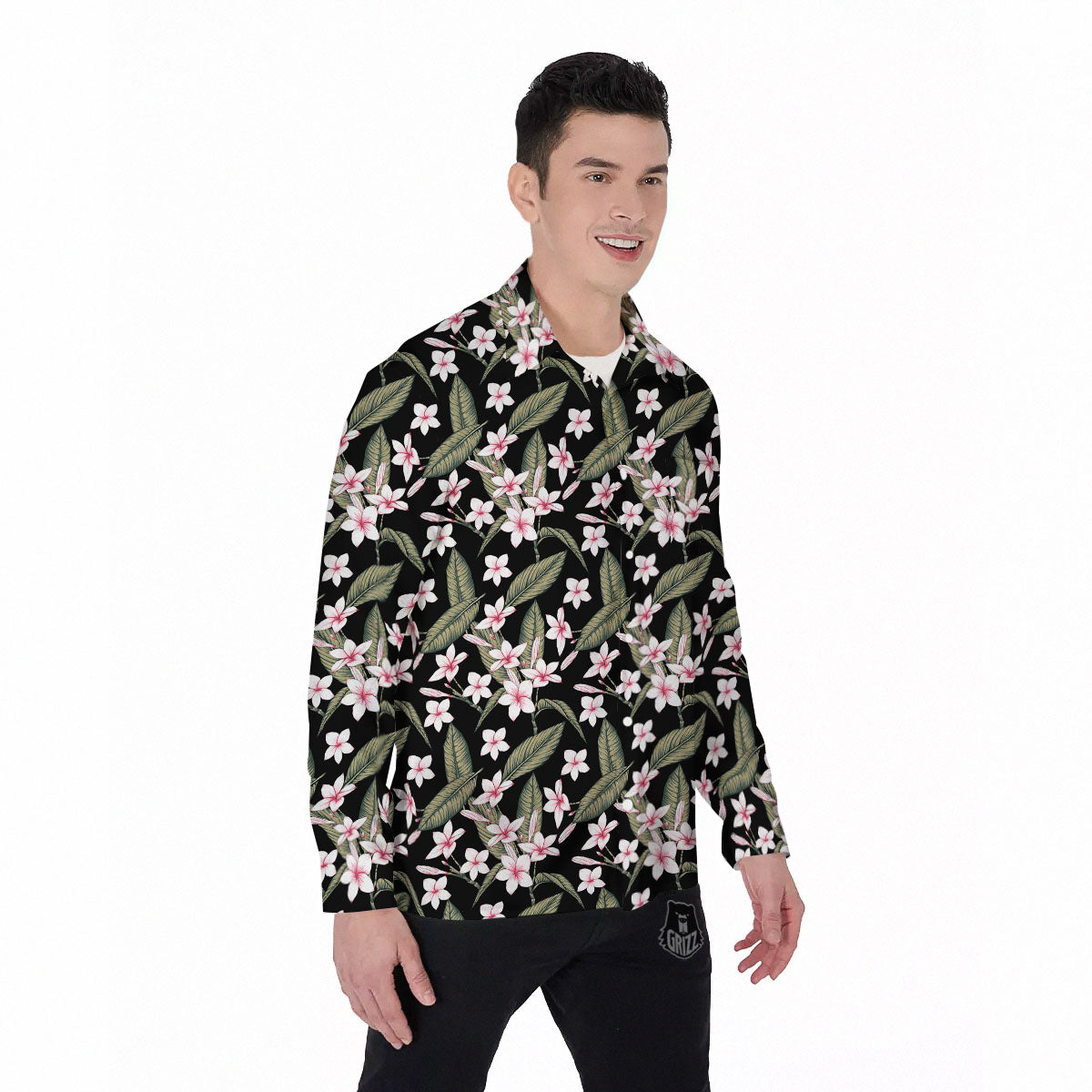 Flower Frangipani Print Pattern Men's Long Sleeve Shirts-grizzshop