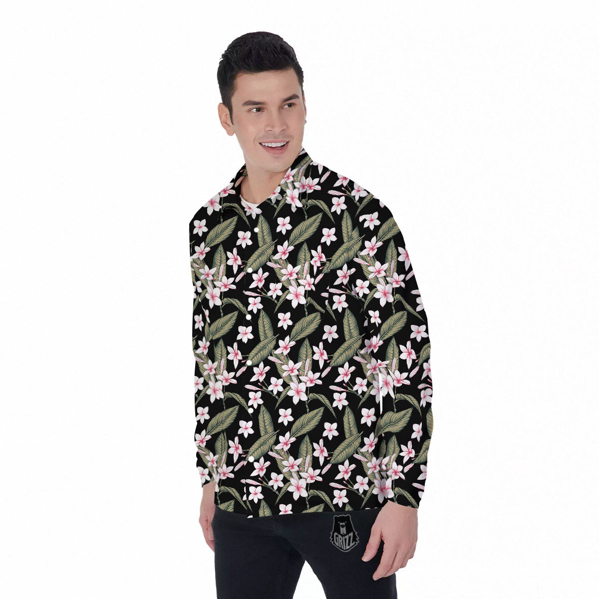 Flower Frangipani Print Pattern Men's Long Sleeve Shirts-grizzshop
