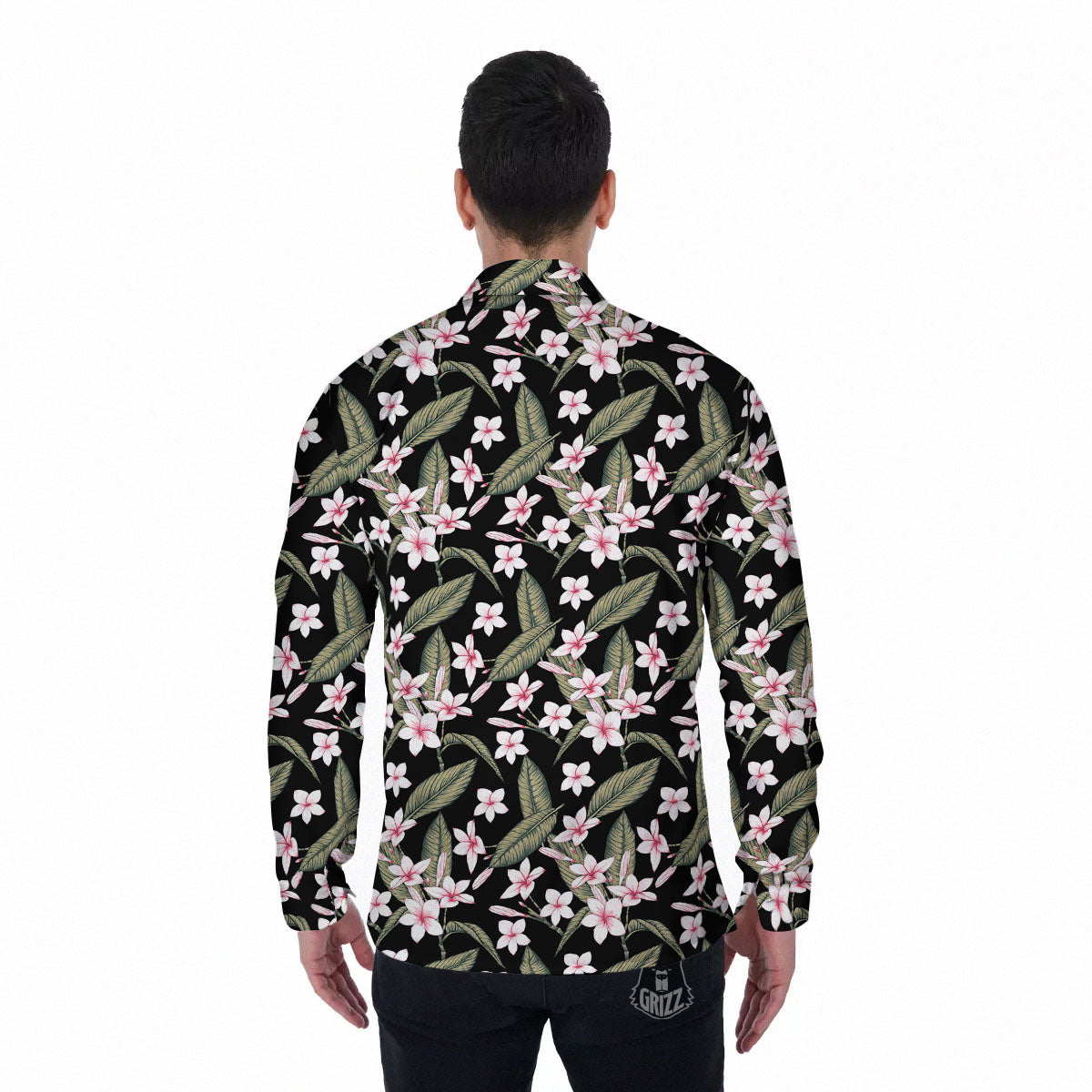 Flower Frangipani Print Pattern Men's Long Sleeve Shirts-grizzshop