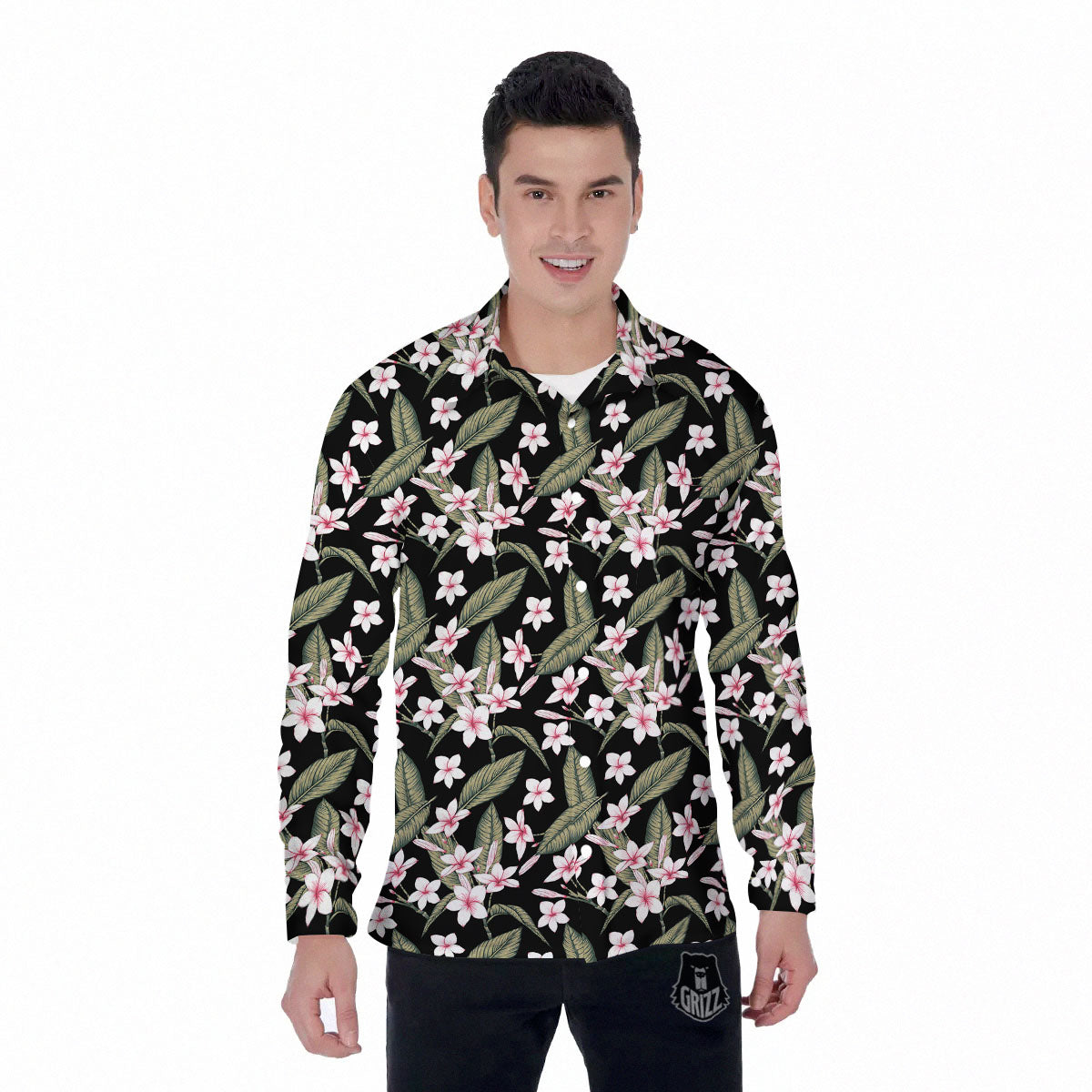 Flower Frangipani Print Pattern Men's Long Sleeve Shirts-grizzshop