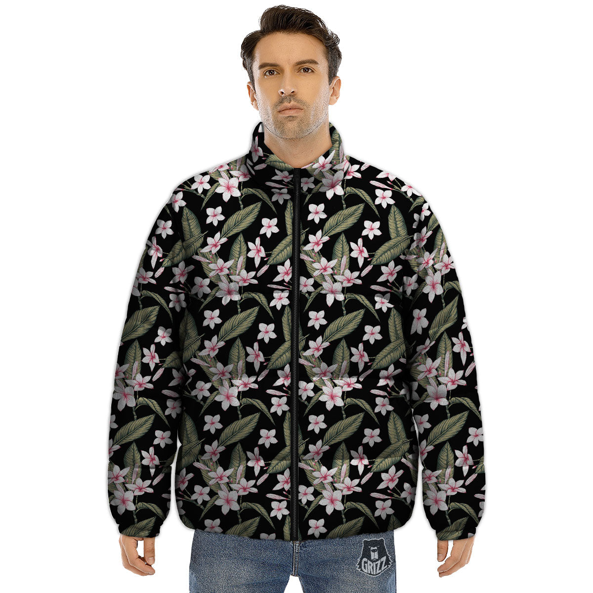 Flower Frangipani Print Pattern Puffer Jacket-grizzshop
