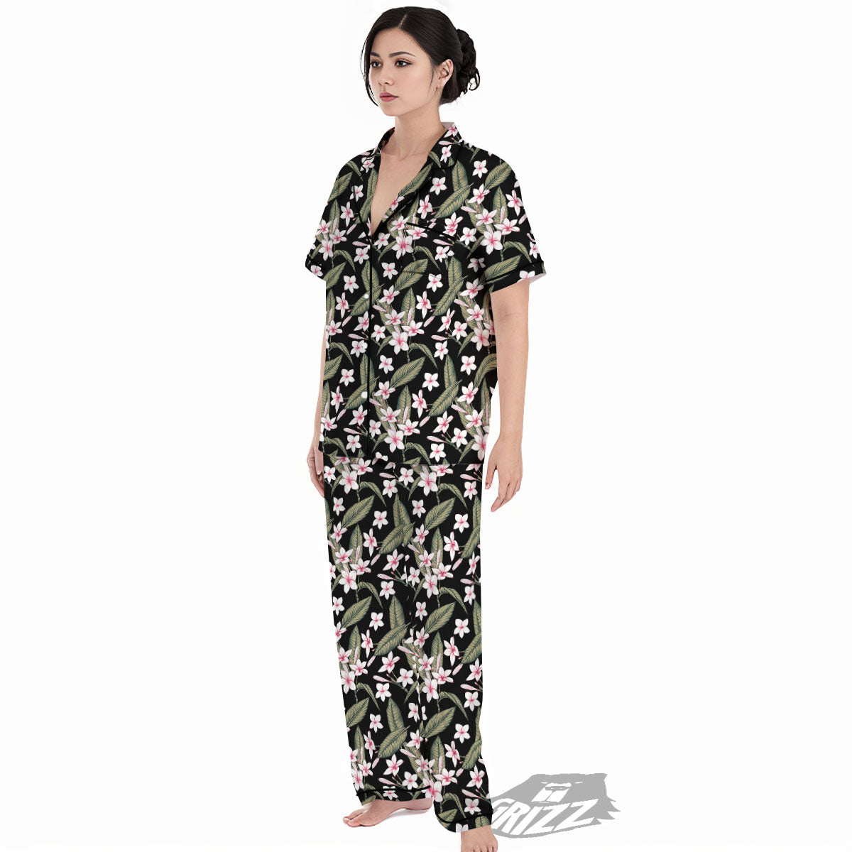 Flower Frangipani Print Pattern Women's Pajamas Set-grizzshop