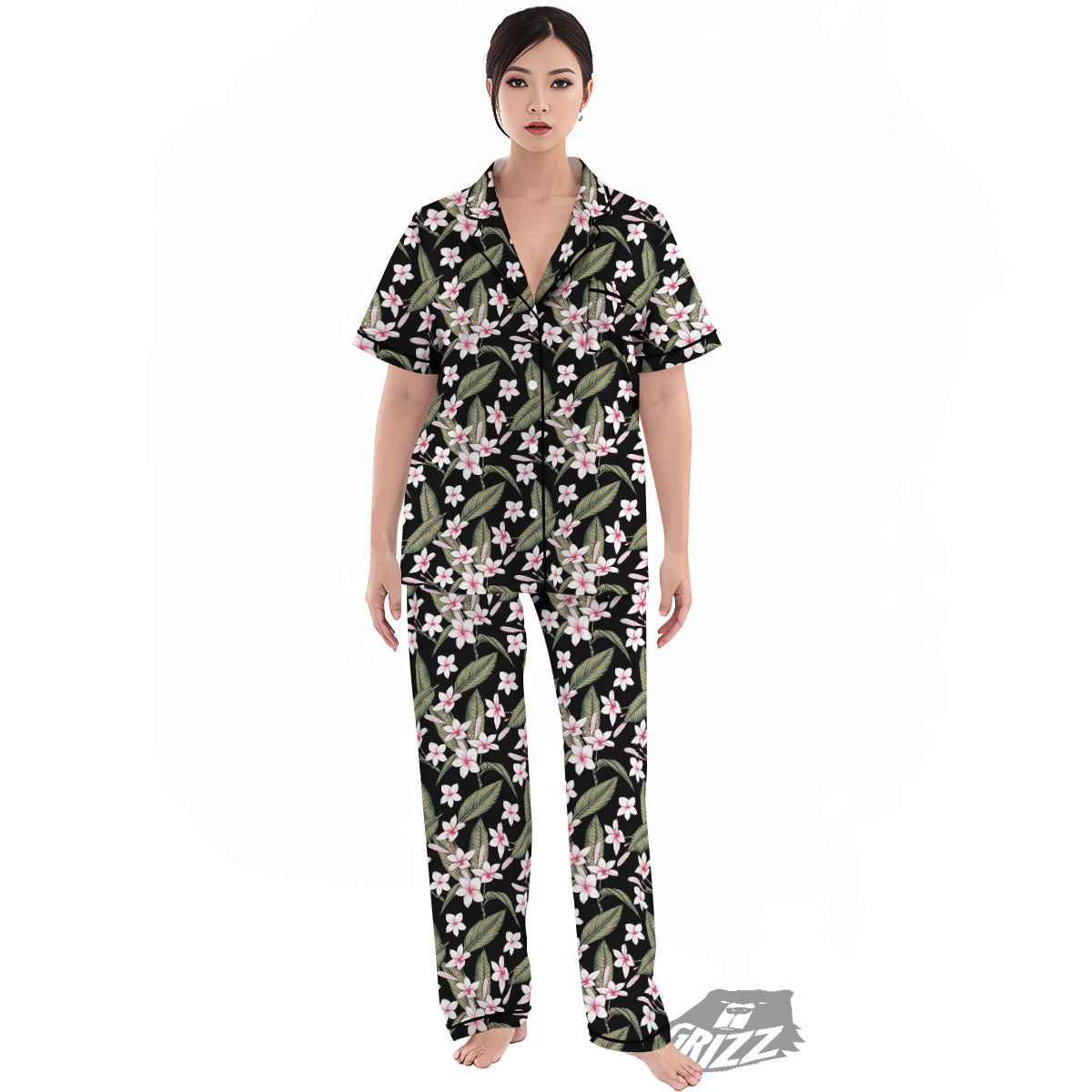 Flower Frangipani Print Pattern Women's Pajamas Set-grizzshop