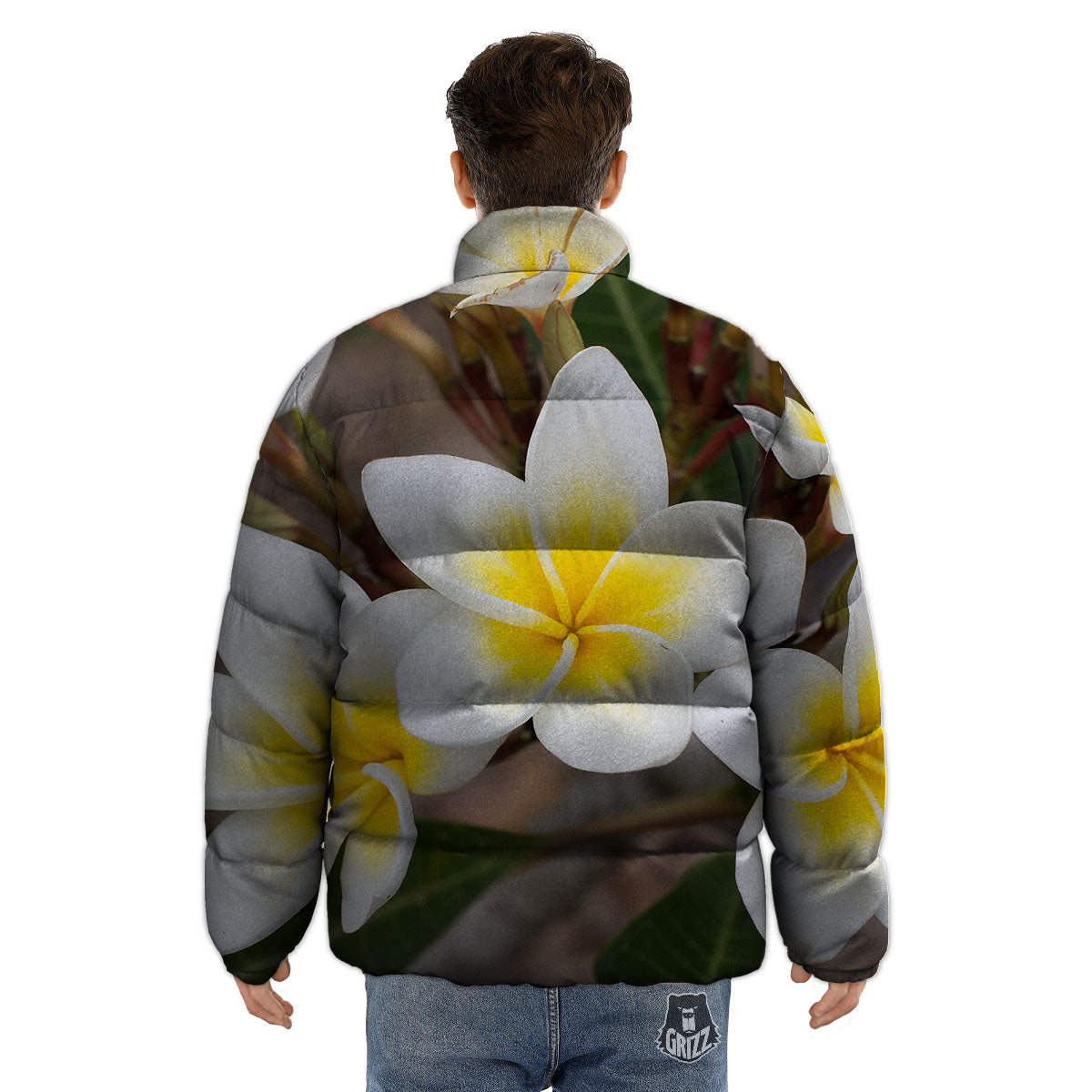 Flower Frangipani Print Puffer Jacket-grizzshop