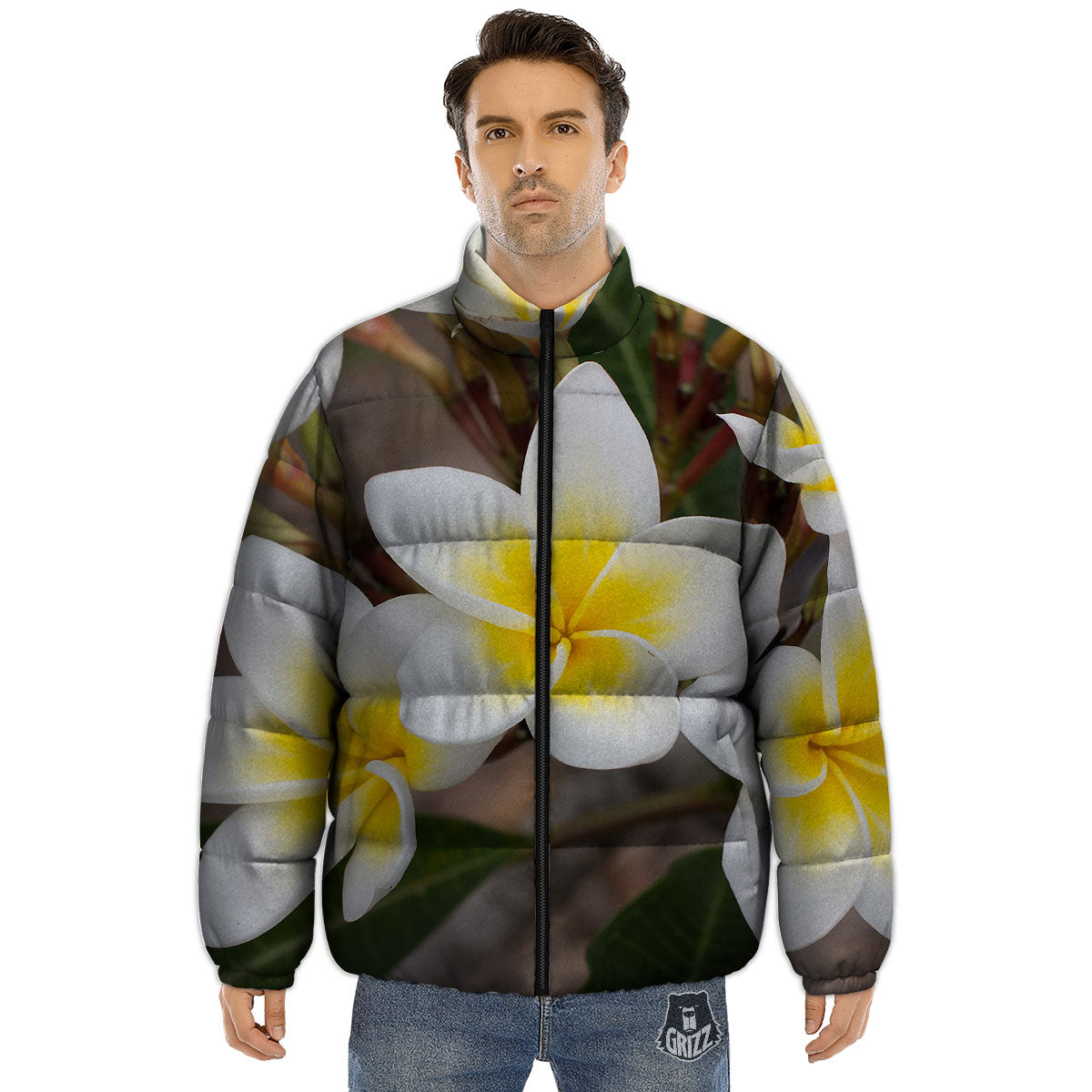 Flower Frangipani Print Puffer Jacket-grizzshop