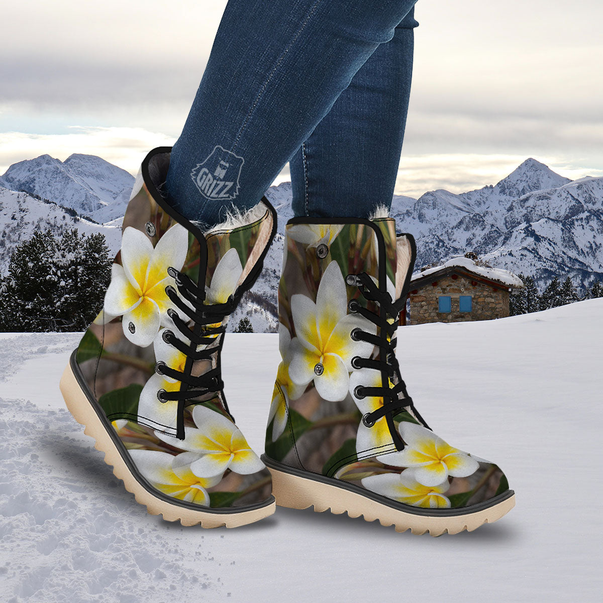 Flower Frangipani Print Snow Boots-grizzshop