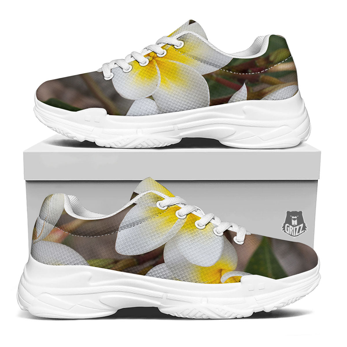Flower Frangipani Print White Chunky Shoes-grizzshop