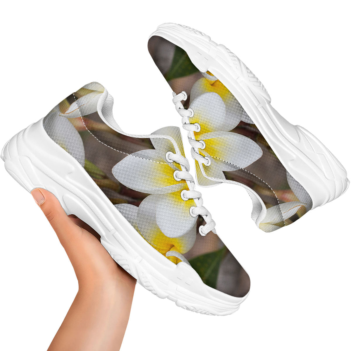Flower Frangipani Print White Chunky Shoes-grizzshop