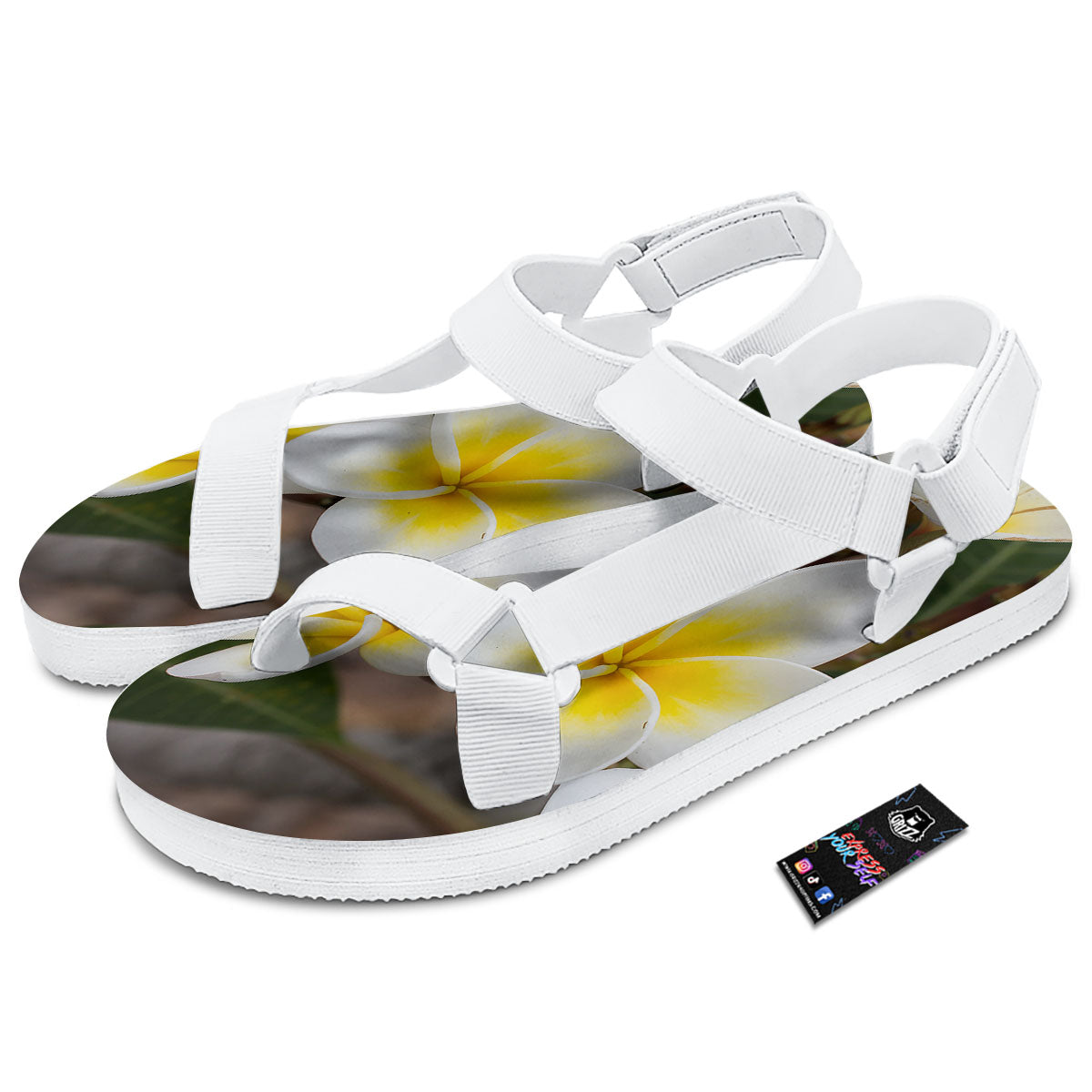 Flower Frangipani Print White Open Toe Sandals-grizzshop