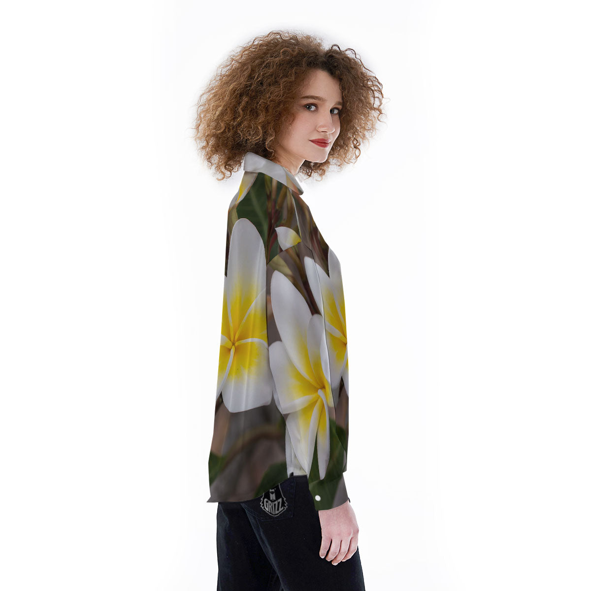 Flower Frangipani Print Women's Long Sleeve Shirts-grizzshop
