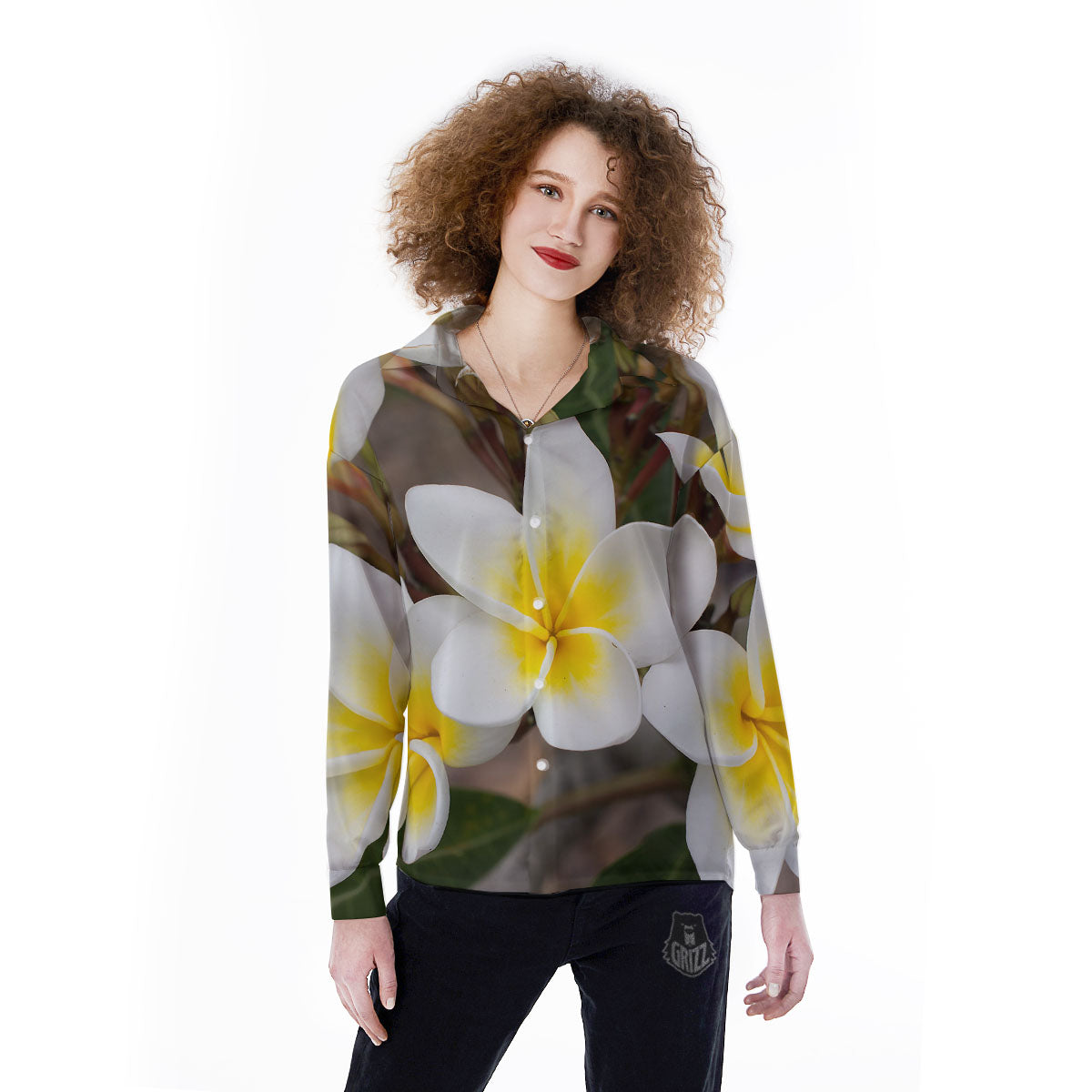 Flower Frangipani Print Women's Long Sleeve Shirts-grizzshop