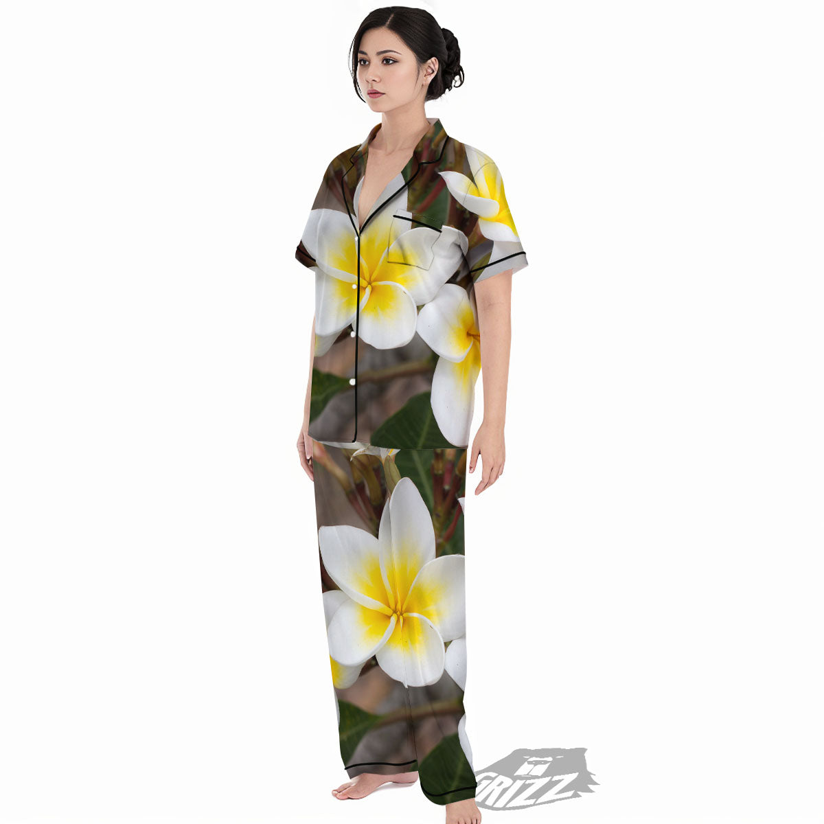 Flower Frangipani Print Women's Pajamas Set-grizzshop