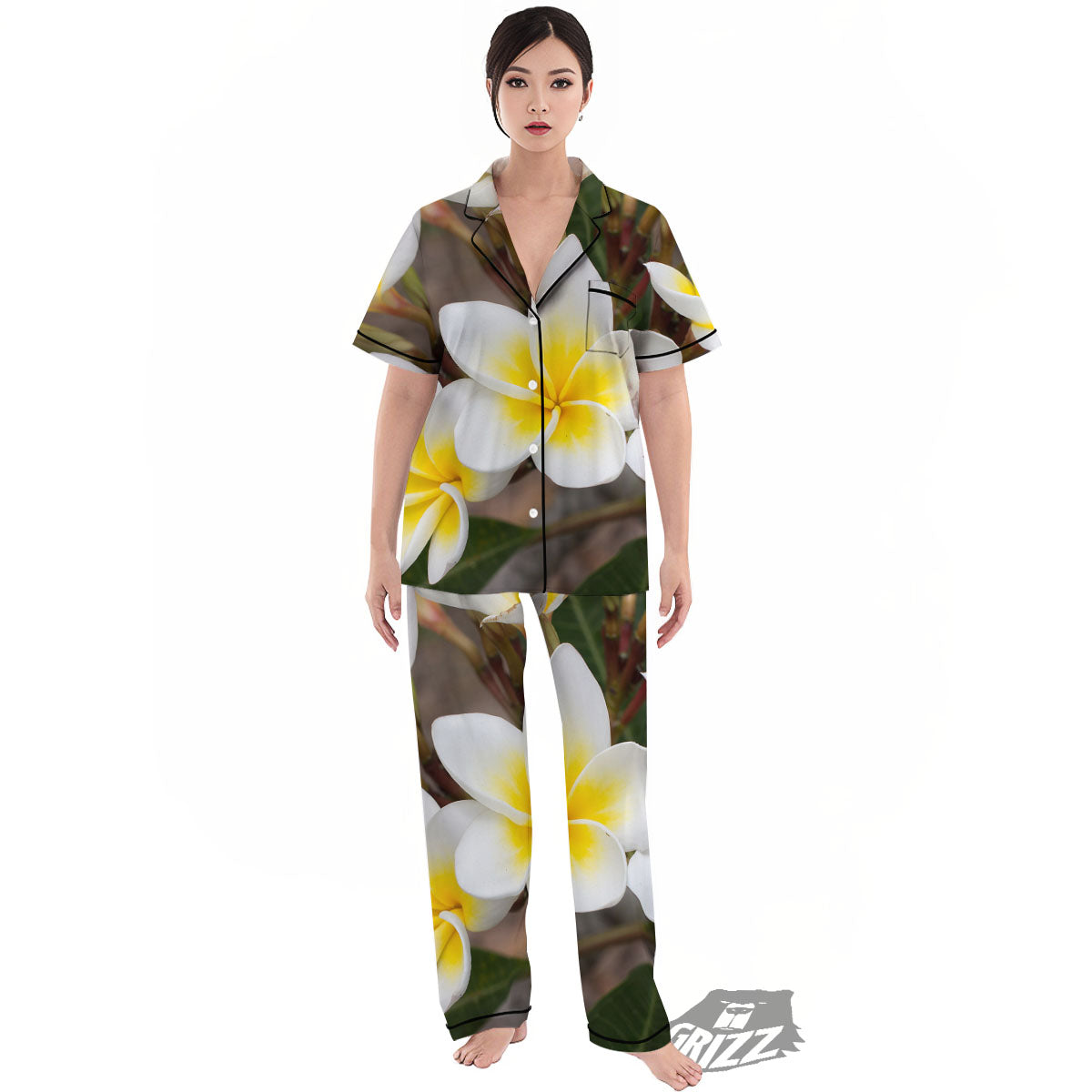 Flower Frangipani Print Women's Pajamas Set-grizzshop
