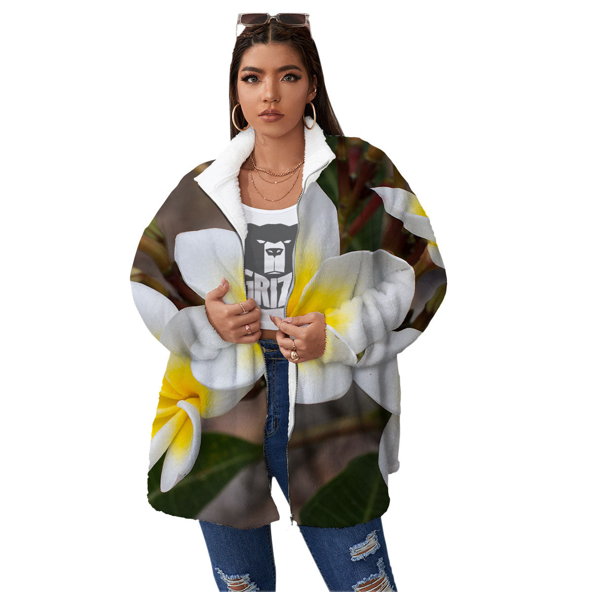 Flower Frangipani Print Women's Sherpa Jacket-grizzshop