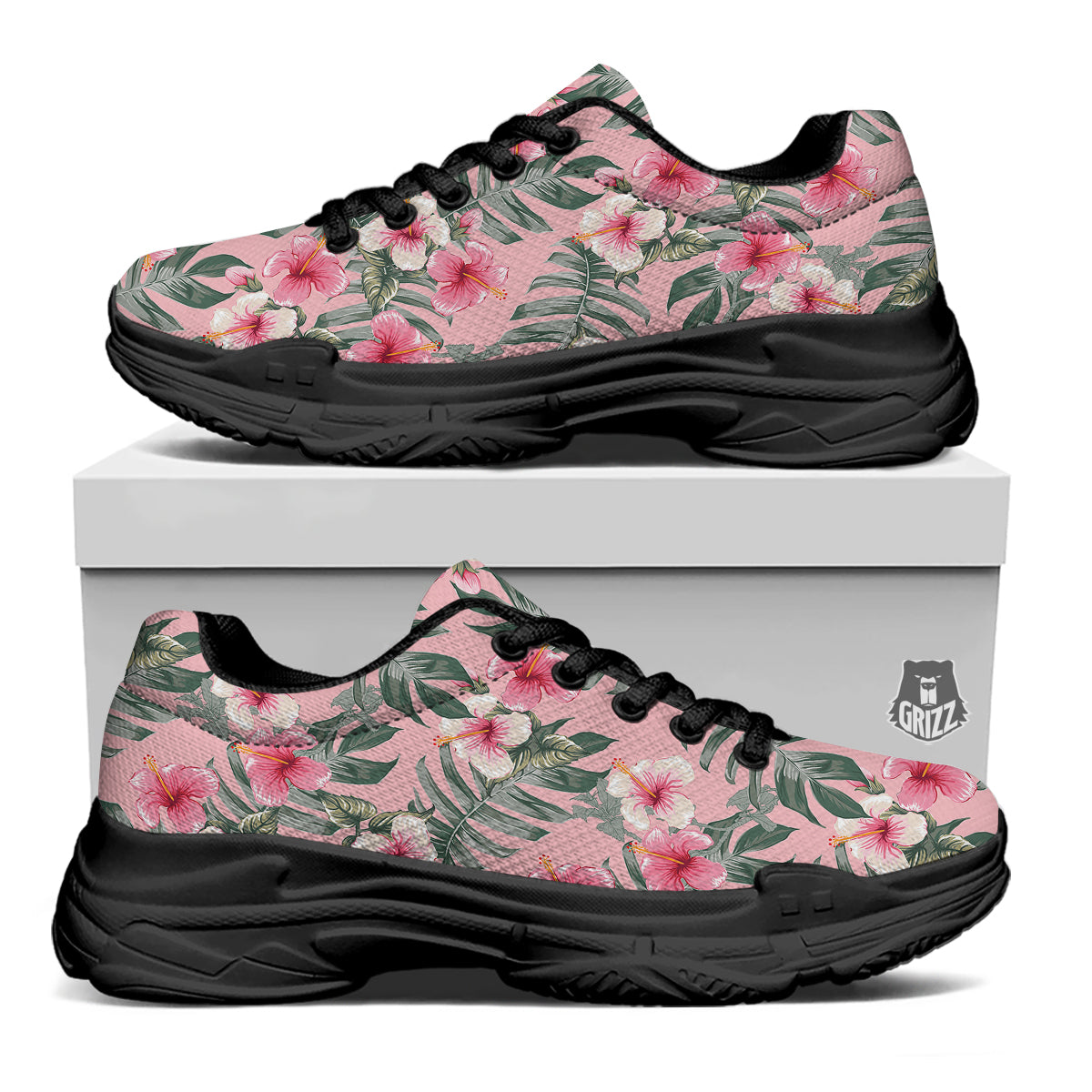 Flower Frangipani Tropical Print Pattern Black Chunky Shoes-grizzshop