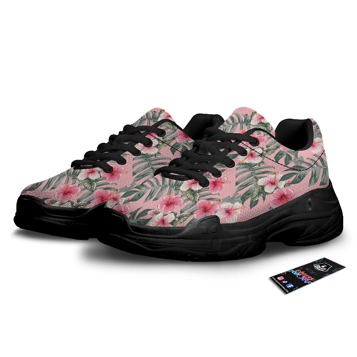 Flower Frangipani Tropical Print Pattern Black Chunky Shoes-grizzshop