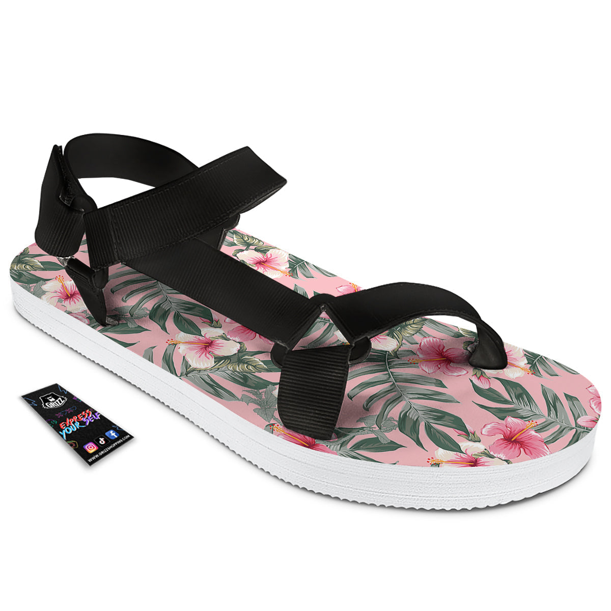 Flower Frangipani Tropical Print Pattern Black Open Toe Sandals-grizzshop