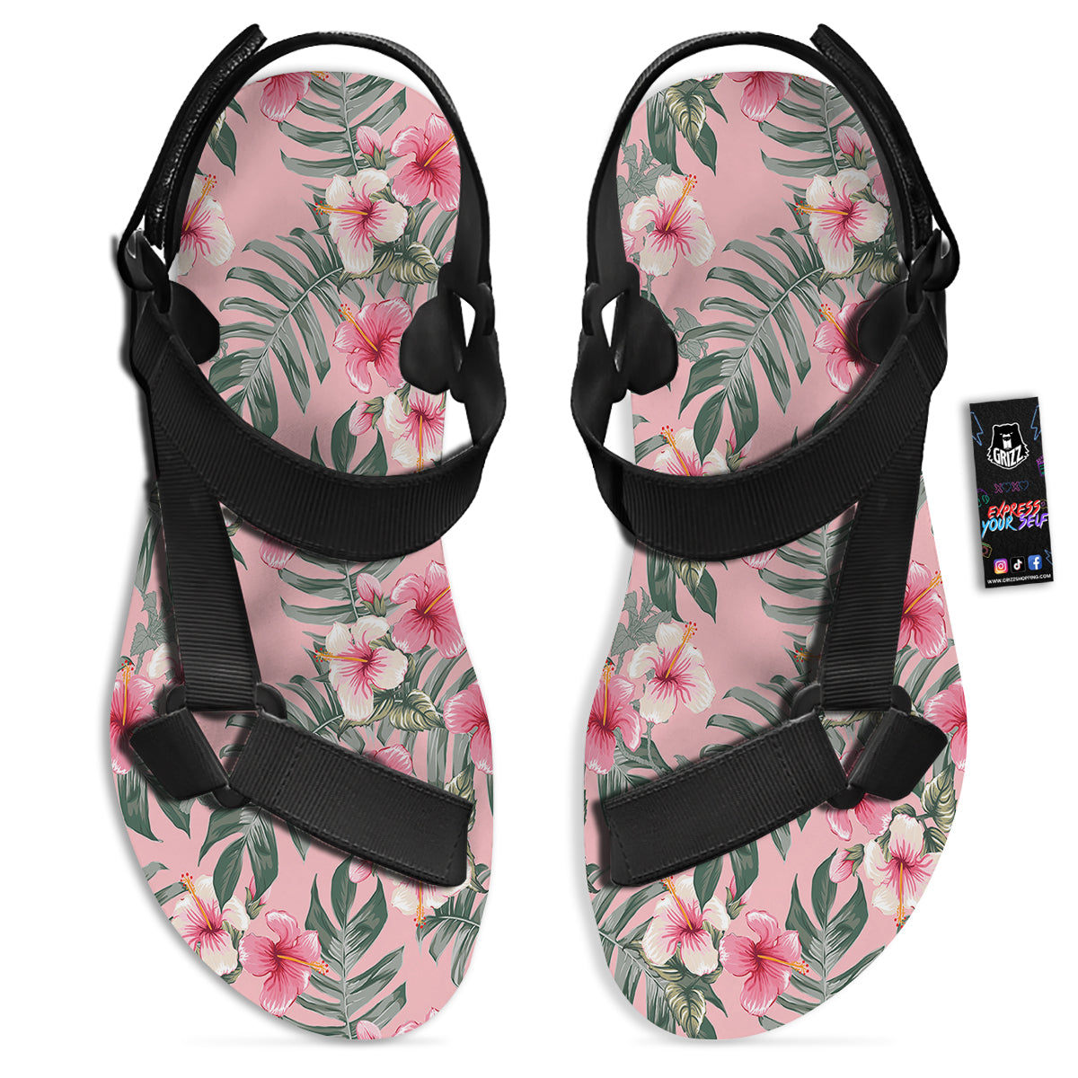 Flower Frangipani Tropical Print Pattern Black Open Toe Sandals-grizzshop