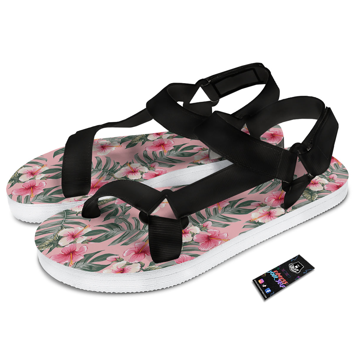 Flower Frangipani Tropical Print Pattern Black Open Toe Sandals-grizzshop
