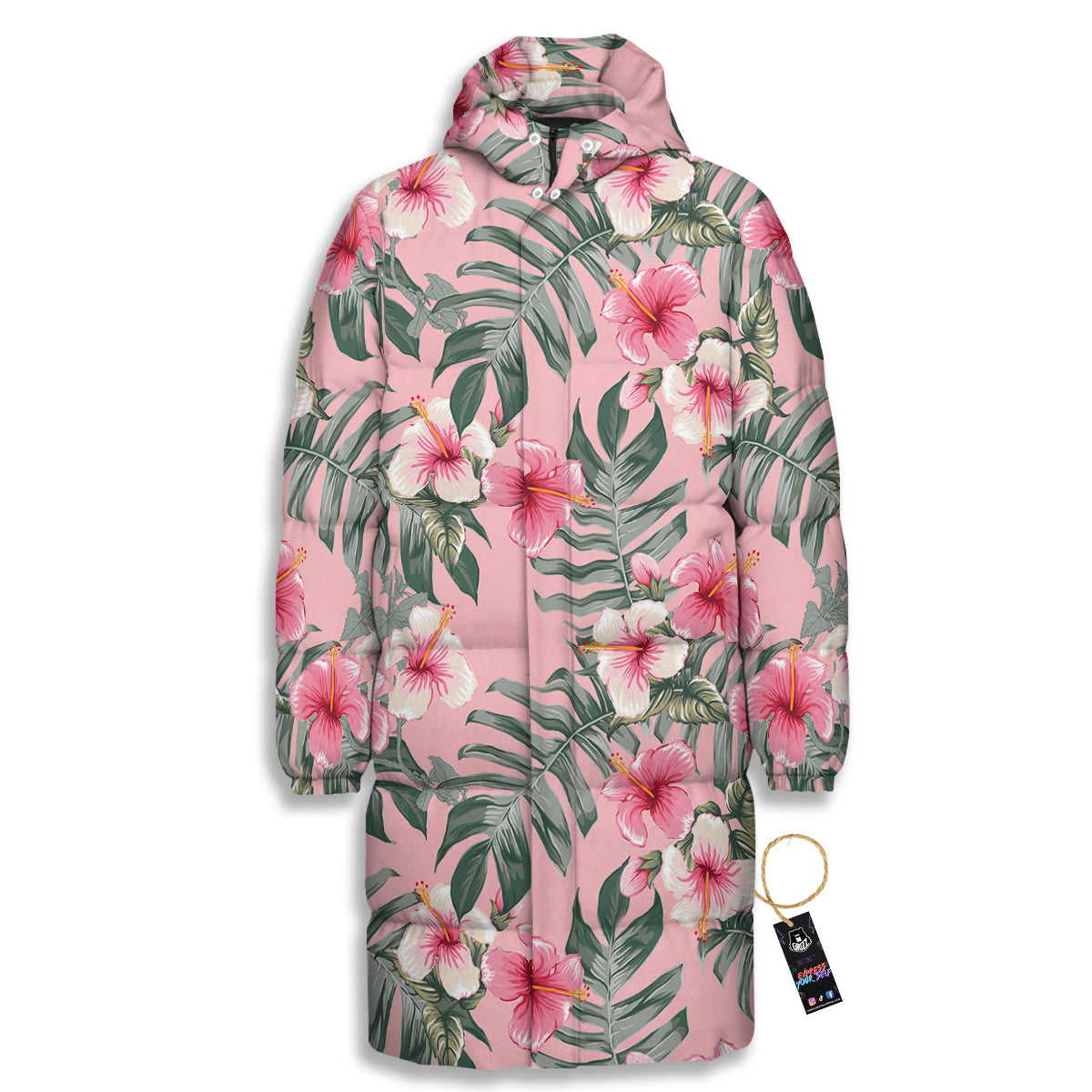Flower Frangipani Tropical Print Pattern Long Down Jacket-grizzshop