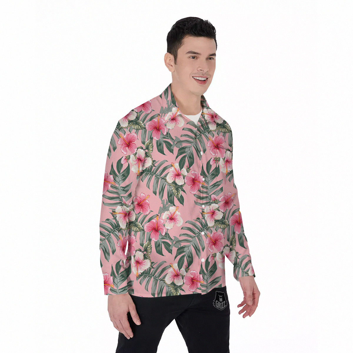 Flower Frangipani Tropical Print Pattern Men's Long Sleeve Shirts-grizzshop
